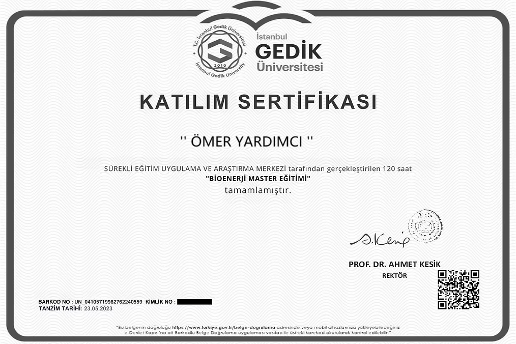 İstanbul Gedik Üniversitesi – Bioenerji Eğitimi Sertifikası (Ömer Yardımcı)